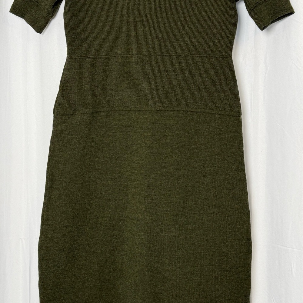 Talbots Olive Green Ribbed Knit Dress Wool Blend V Neck Short Sleeve Small - Picture 12 of 14